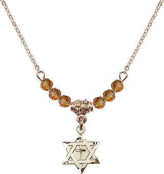 18" Hamilton Gold Plated Necklace with 4mm Topaz Crystal Beads featuring a 14kt Gold Filled Star of David with Cross Medal.