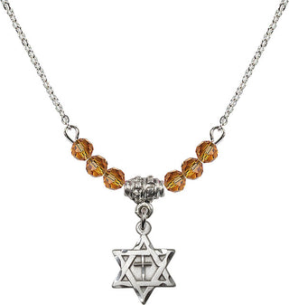18" Rhodium Plated Necklace with 4mm Topaz Crystal Beads featuring a Sterling Silver Star of David with Cross Medal.