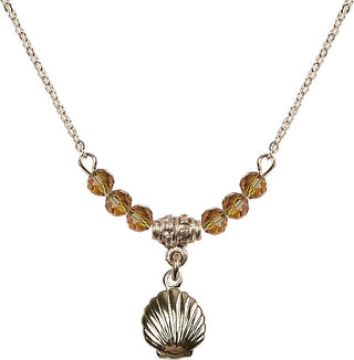 18" Hamilton Gold Plated Necklace with 4mm Topaz Crystal Beads featuring a 14kt Gold Filled Shell Medal.