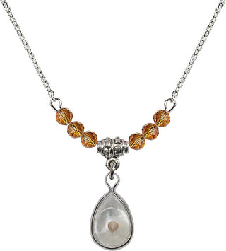 18" Rhodium Plated Necklace with 4mm Topaz Crystal Beads featuring a Sterling Silver Mustard Seed Medal.