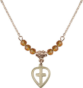 18" Hamilton Gold Plated Necklace with 4mm Topaz Crystal Beads featuring a 14kt Gold Filled Heart / Cross Medal.