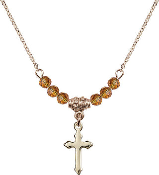 18" Hamilton Gold Plated Necklace with 4mm Topaz Crystal Beads featuring a 14kt Gold Filled Cross Medal.