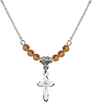 18" Rhodium Plated Necklace with 4mm Topaz Crystal Beads featuring a Sterling Silver Cross Medal.