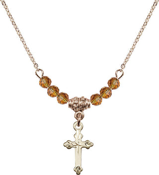 18" Hamilton Gold Plated Necklace with 4mm Topaz Crystal Beads featuring a 14kt Gold Filled Cross Medal.
