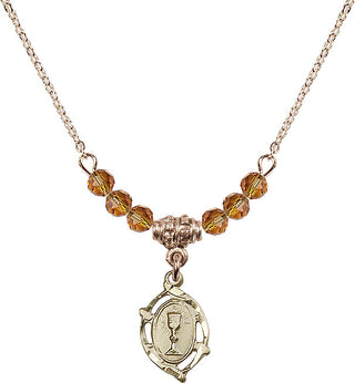 18" Hamilton Gold Plated Necklace with 4mm Topaz Crystal Beads featuring a 14kt Gold Filled Communion Medal.