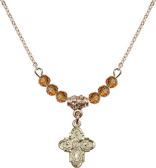 18" Hamilton Gold Plated Necklace with 4mm Topaz Crystal Beads featuring a 14kt Gold Filled 4-Way Medal.