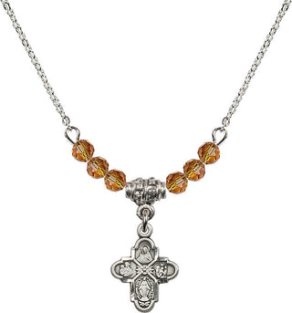18" Rhodium Plated Necklace with 4mm Topaz Crystal Beads featuring a Sterling Silver 4-Way Medal.