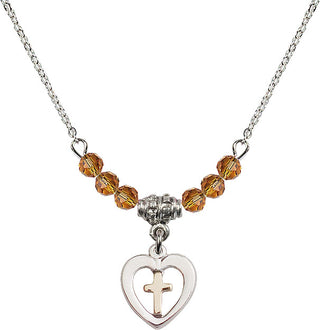 18" Rhodium Plated Necklace with 4mm Topaz Crystal Beads featuring a Gold Filled / Sterling Silver Heart / Cross Medal.