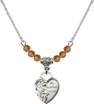 18" Rhodium Plated Necklace with 4mm Topaz Crystal Beads featuring a Sterling Silver Guardian Angel Heart Medal. Engraved Catholic Saint Jewelry