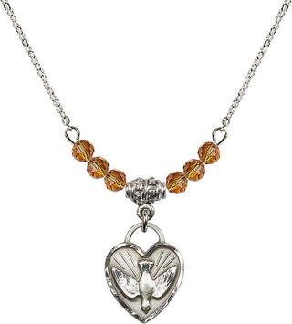 18" Rhodium Plated Necklace with 4mm Topaz Crystal Beads featuring a Sterling Silver Confirmation Heart Medal. Engraved Catholic Saint Jewelry