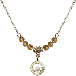 18" Hamilton Gold Plated Necklace with 4mm Topaz Crystal Beads featuring a 14kt Gold Filled Claddagh Medal.