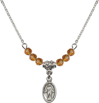 18" Rhodium Plated Necklace with 4mm Topaz Crystal Beads featuring a Sterling Silver Scapular Medal.