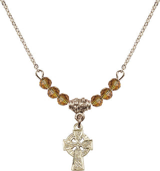 18" Hamilton Gold Plated Necklace with 4mm Topaz Crystal Beads featuring a 14kt Gold Filled Celtic Cross Medal.
