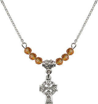 18" Rhodium Plated Necklace with 4mm Topaz Crystal Beads featuring a Sterling Silver Celtic Cross Medal.