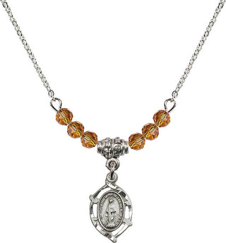 18" Rhodium Plated Necklace with 4mm Topaz Crystal Beads featuring a Sterling Silver Miraculous Medal.