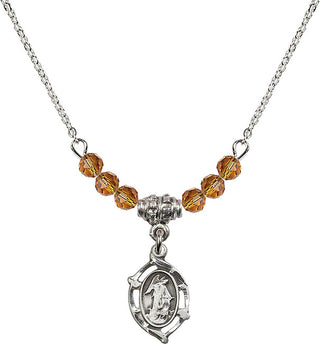 18" Rhodium Plated Necklace with 4mm Topaz Crystal Beads featuring a Sterling Silver Guardian Angel Medal.