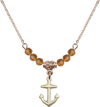 18" Hamilton Gold Plated Necklace with 4mm Topaz Crystal Beads featuring a 14kt Gold Filled Anchor Medal.