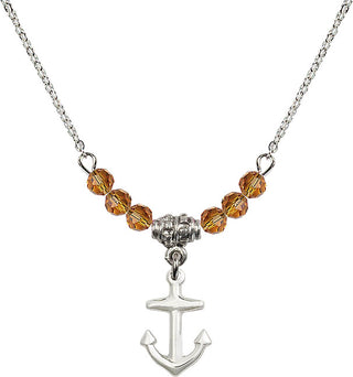 18" Rhodium Plated Necklace with 4mm Topaz Crystal Beads featuring a Sterling Silver Anchor Medal.