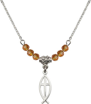 18" Rhodium Plated Necklace with 4mm Topaz Crystal Beads featuring a Sterling Silver Fish / Cross Medal.