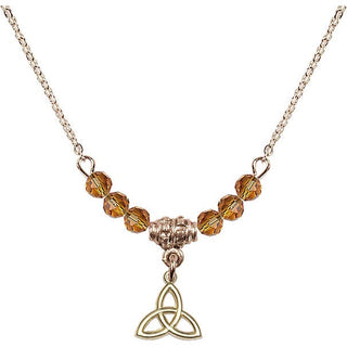 18" Hamilton Gold Plated Necklace with 4mm Topaz Crystal Beads featuring a 14kt Gold Filled Trinity Irish Knot Medal.