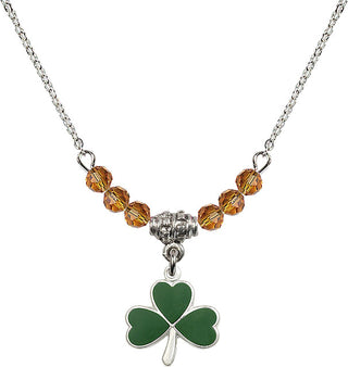 18" Rhodium Plated Necklace with 4mm Topaz Crystal Beads featuring a Sterling Silver Shamrock Medal.