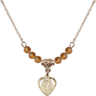 18" Hamilton Gold Plated Necklace with 4mm Topaz Crystal Beads featuring a 14kt Gold Filled Miraculous Medal.