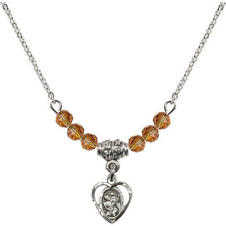 18" Rhodium Plated Necklace with 4mm Topaz Crystal Beads featuring a Sterling Silver Saint Christopher Medal. Engraved Catholic Saint Jewelry