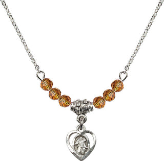 18" Rhodium Plated Necklace with 4mm Topaz Crystal Beads featuring a Sterling Silver Guardian Angel Medal. Engraved Catholic Saint Jewelry