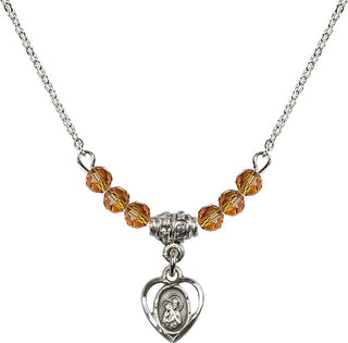 18" Rhodium Plated Necklace with 4mm Topaz Crystal Beads featuring a Sterling Silver Saint Ann Medal. Engraved Catholic Saint Jewelry