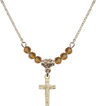 18" Hamilton Gold Plated Necklace with 4mm Topaz Crystal Beads featuring a 14kt Gold Filled Crucifix Medal.