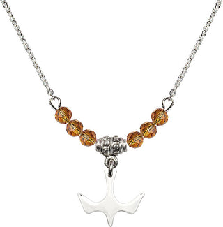 18" Rhodium Plated Necklace with 4mm Topaz Crystal Beads featuring a Sterling Silver Holy Spirit Medal.