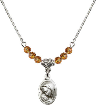 18" Rhodium Plated Necklace with 4mm Topaz Crystal Beads featuring a Sterling Silver Madonna & Child Medal.