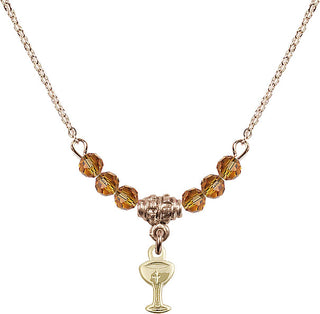 18" Hamilton Gold Plated Necklace with 4mm Topaz Crystal Beads featuring a 14kt Gold Filled Chalice Medal.