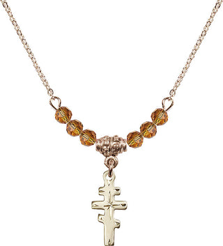 18" Hamilton Gold Plated Necklace with 4mm Topaz Crystal Beads featuring a 14kt Gold Filled Greek Orthadox Cross Medal.