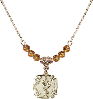 18" Hamilton Gold Plated Necklace with 4mm Topaz Crystal Beads featuring a 14kt Gold Filled Saint Florian Medal. Engraved Catholic Saint Jewelry