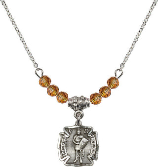 18" Rhodium Plated Necklace with 4mm Topaz Crystal Beads featuring a Sterling Silver Saint Florian Medal. Engraved Catholic Saint Jewelry