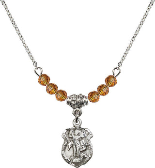 18" Rhodium Plated Necklace with 4mm Topaz Crystal Beads featuring a Sterling Silver Saint Michael the Archangel Medal. Engraved Catholic Saint Jewelry