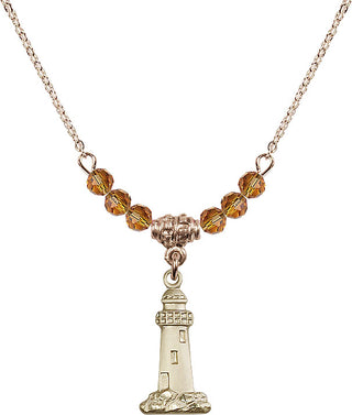 18" Hamilton Gold Plated Necklace with 4mm Topaz Crystal Beads featuring a 14kt Gold Filled Lighthouse Medal.