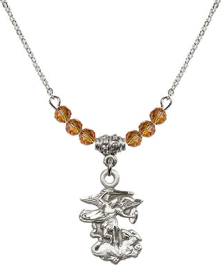 18" Rhodium Plated Necklace with 4mm Topaz Crystal Beads featuring a Sterling Silver Saint Michael the Archangel Medal.