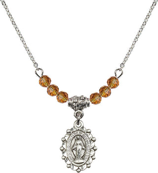 18" Rhodium Plated Necklace with 4mm Topaz Crystal Beads featuring a Sterling Silver Miraculous Medal.