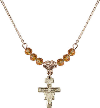 18" Hamilton Gold Plated Necklace with 4mm Topaz Crystal Beads featuring a 14kt Gold Filled San Damiano Crucifix Medal.
