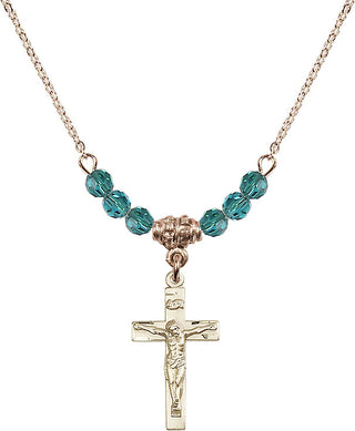 18" Hamilton Gold Plated Necklace with 4mm Zircon Crystal Beads featuring a 14kt Gold Filled Crucifix Medal.