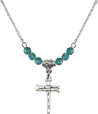 18" Rhodium Plated Necklace with 4mm Zircon Crystal Beads featuring a Sterling Silver Nail Cross Medal.