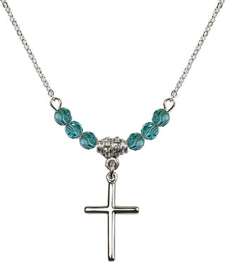 18" Rhodium Plated Necklace with 4mm Zircon Crystal Beads featuring a Sterling Silver Cross Medal.