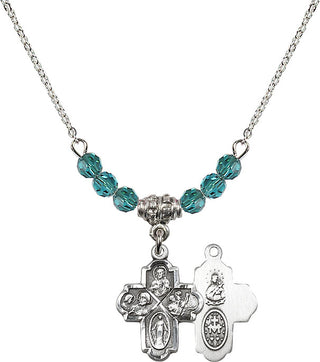 18" Rhodium Plated Necklace with 4mm Zircon Crystal Beads featuring a Sterling Silver 4-Way Medal.
