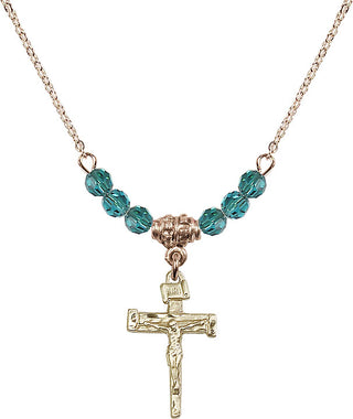 18" Hamilton Gold Plated Necklace with 4mm Zircon Crystal Beads featuring a 14kt Gold Filled Nail Crucifix Medal.