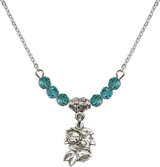 18" Rhodium Plated Necklace with 4mm Zircon Crystal Beads featuring a Sterling Silver Rose Medal.