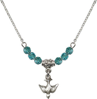 18" Rhodium Plated Necklace with 4mm Zircon Crystal Beads featuring a Sterling Silver Holy Spirit Medal.