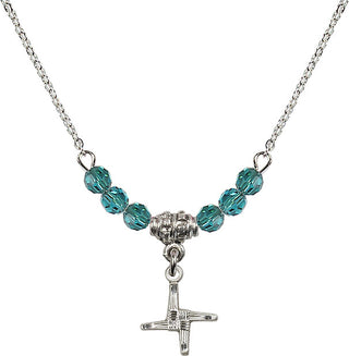 18" Rhodium Plated Necklace with 4mm Zircon Crystal Beads featuring a Sterling Silver Saint Brigid Cross Medal.