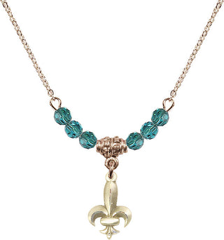 18" Hamilton Gold Plated Necklace with 4mm Zircon Crystal Beads featuring a 14kt Gold Filled Fleur de Lis Medal.